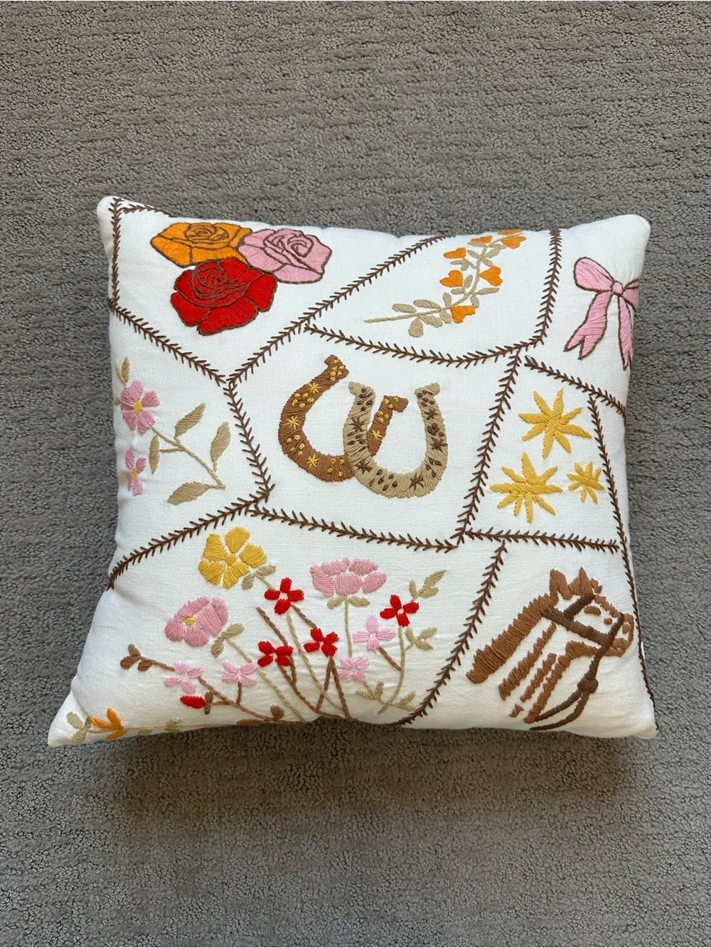 Embroidered Horse & Horseshoe Floral Throw Pillow